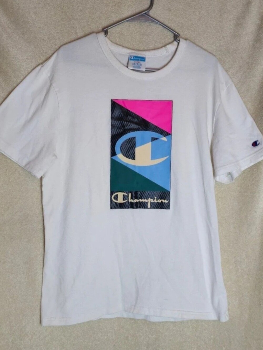 Champion T-Shirt Adult L White Big Block Multicolor Logo Cotton